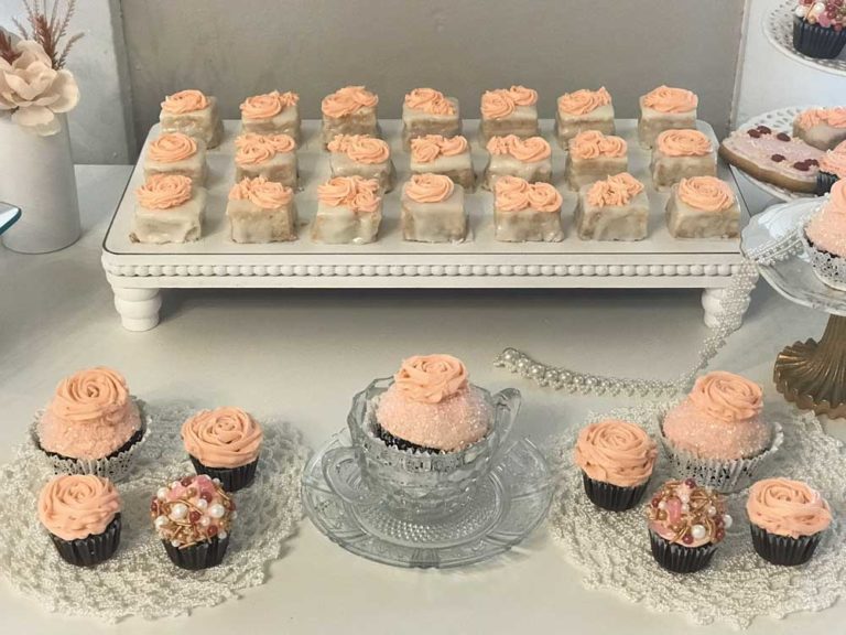 TEA PARTY THEMED PETITE FOURS AND CUPCAKES