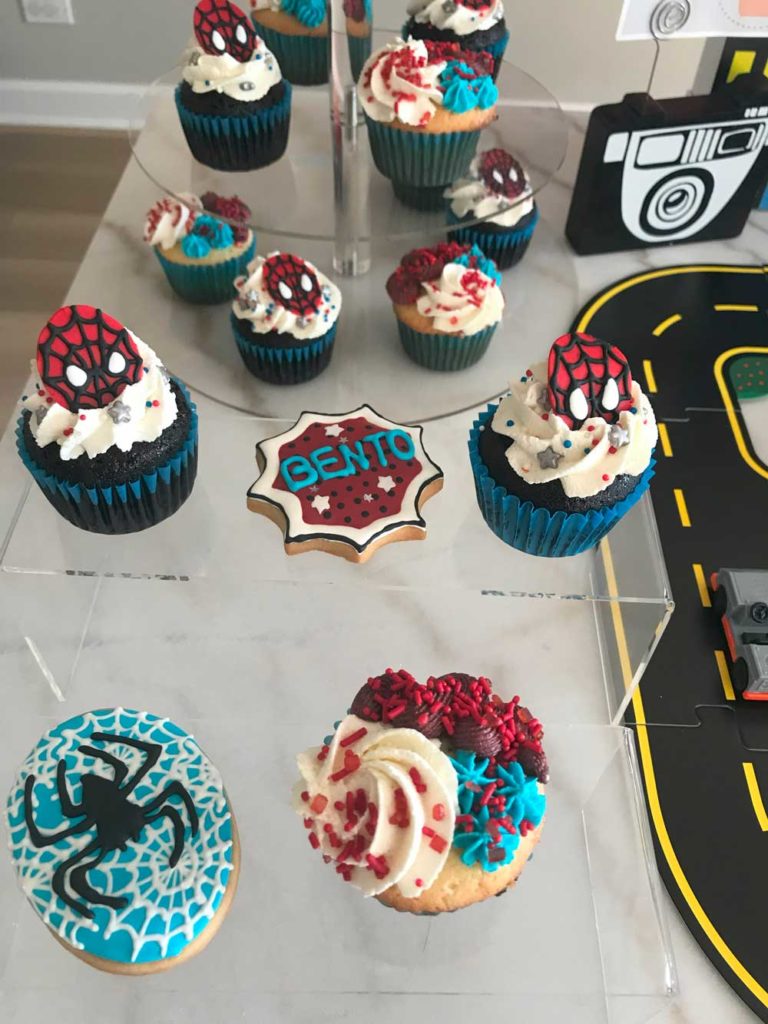 SPIDERMAN THEMED DECORATED COOKIES AND CUPCAKES STAGED